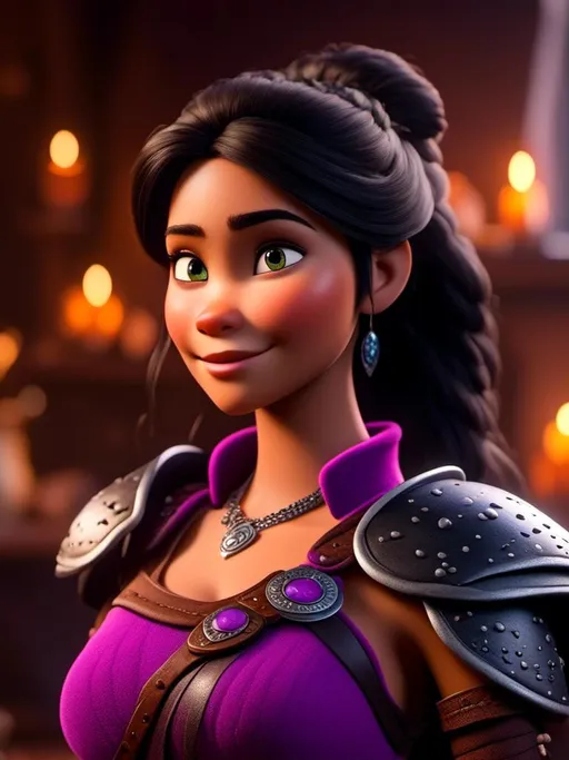 Prompt: <mymodel>CGI Animation, digital art, 20-year-old-old viking woman of royalty standing in her home in the living room next to the fireplace, light blue eyes, {{black gear, purple armor}}, black hair, single braid down her shoulder with a tiara, subtle smile, unreal engine 8k octane, 3d lighting, close up camera shot on the face, full armor