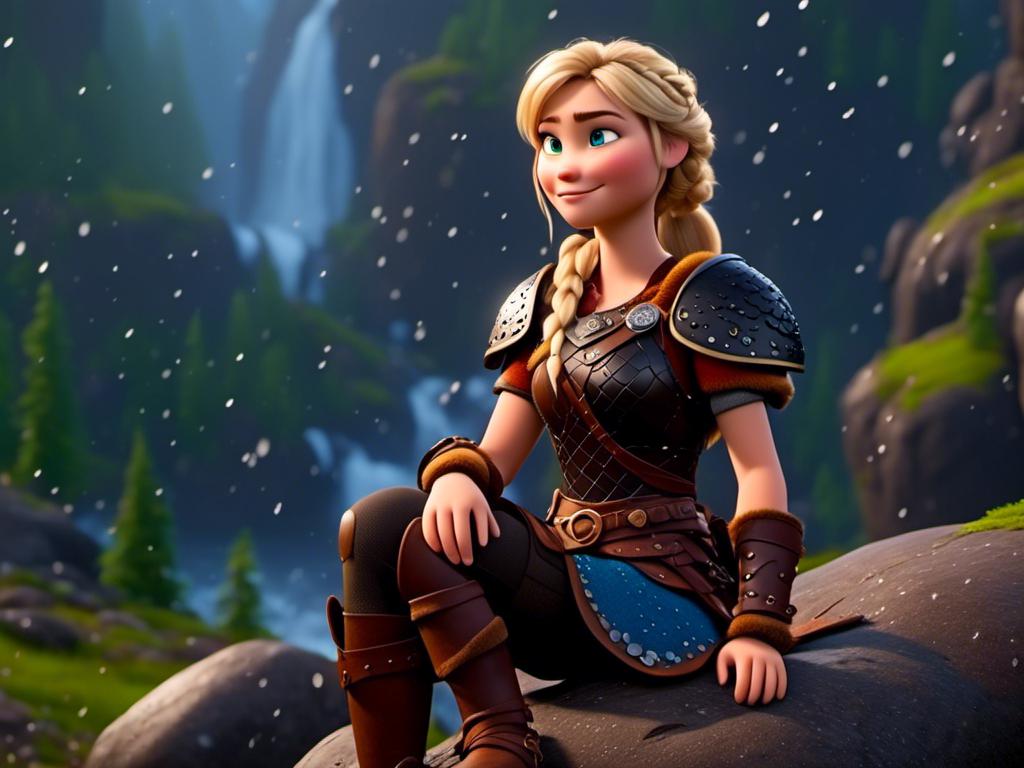 Prompt: <mymodel>CGi Animation, 20-year-old viking woman with blue eyes, she is wearing a tiara, a rainy scene, she is sitting on a boulder in a forest, the viking woman has a subtle smile with it pouring down rain, blonde hair in a ponytail style, she has blue gear, gold armor, black pants, black boots