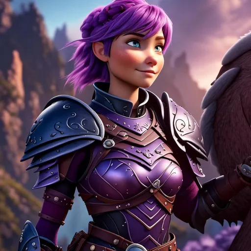 Prompt: <mymodel>CGI Animation of a viking female, purple hair, purple and black gear and armor, intricate details, high quality, digital painting, cool tones, dramatic lighting