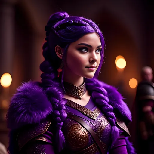 Prompt: A photo of <mymodel> with a heavy purple fur tunic in The Great Hall from How to Train Your Dragon, ((she has a single hair braid down her shoulder))