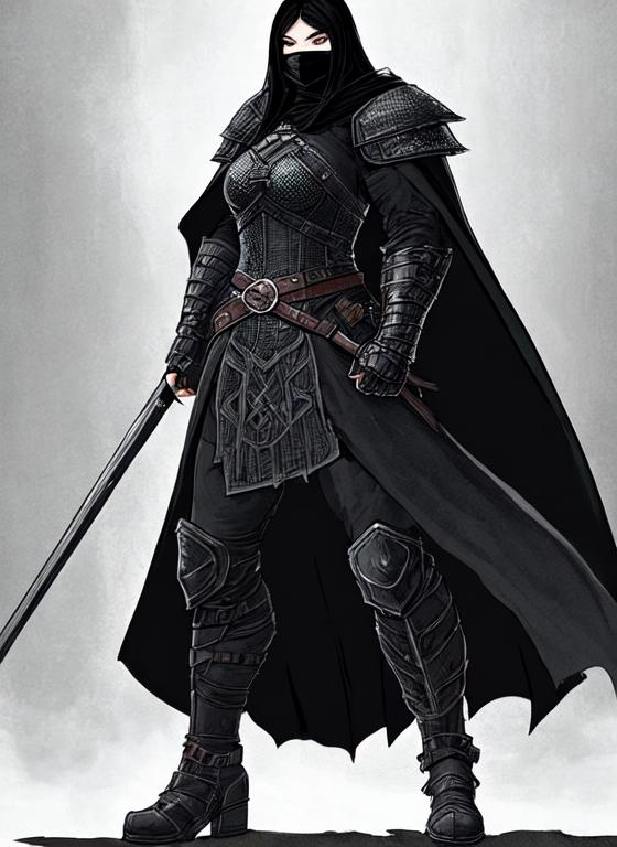 Prompt: Digital art, character of a sinister Viking woman wearing black armor, a long black cloak down to the feet, and an armored mask. The character is stocky and has a muscular build. The character should also be wearing a black helmet that fully encases her head, with no part of her face or eyes visible. The black helmet should have a ponytail holder that supports an artificial ponytail, made of synthetic fibers or any material you choose, coming out from the back.  Unreal Engine 8K Octane.  3d lighting.