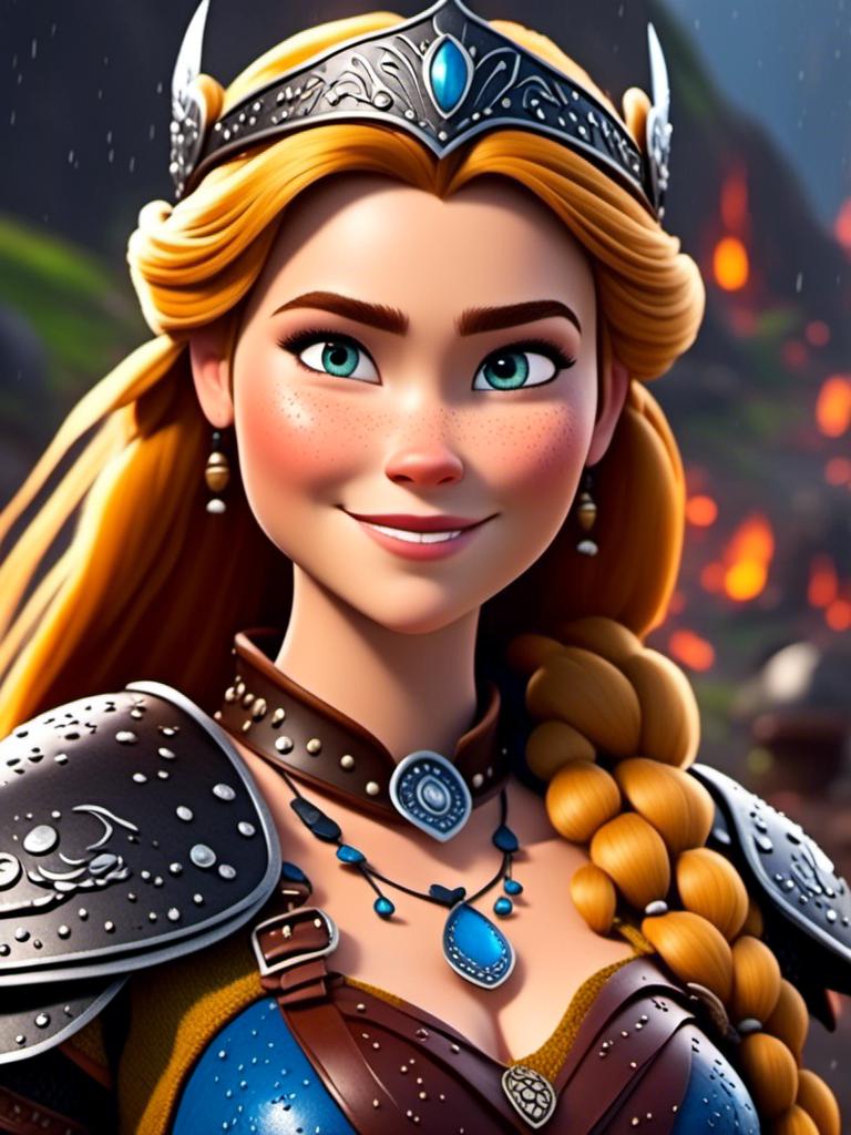 Prompt: <mymodel>CGi Animation, 20-year-old viking woman with blue eyes, ((she is wearing a royal tiara)), a rainy scene, the viking woman has a subtle smile with it pouring down rain, blonde hair in a ponytail style, she has blue gear, gold armor, black pants, black boots