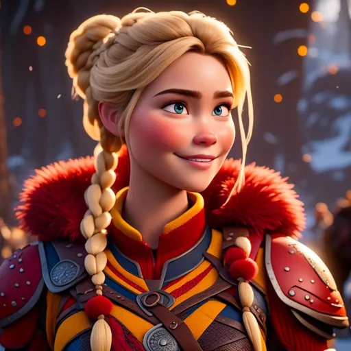 Prompt: <mymodel>CGi Animation, 20-year-old viking woman with one hair braid, subtle smile, blonde hair, blue eyes, blue gear, yellow armor, red clothes, yellow textures and highlights, unreal engine 8k octane, 3d lighting, full body, full armor