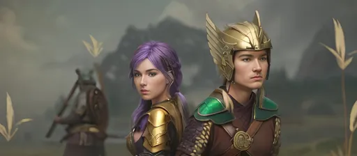 Prompt: create a female and male viking warriors, the female has purple hair and is holding and axe, her gear is black and silver.

The male has short brown hair with a gold helmet and holds a sword, his gear is shades of green with brown leather

They are in a grassy field