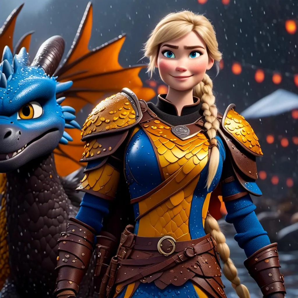 Prompt: <mymodel>CGi Animation, 20-year-old viking woman with blue eyes, a rainy scene, she is standing next to a bright blue dragon with gold highlights, they are both in the rain, the viking woman has a subtle smile, blonde hair in a pony tail style, she has blue gear, gold armor, black pants, black boots, unreal engine 8k octane, 3d lighting, full body, full armor