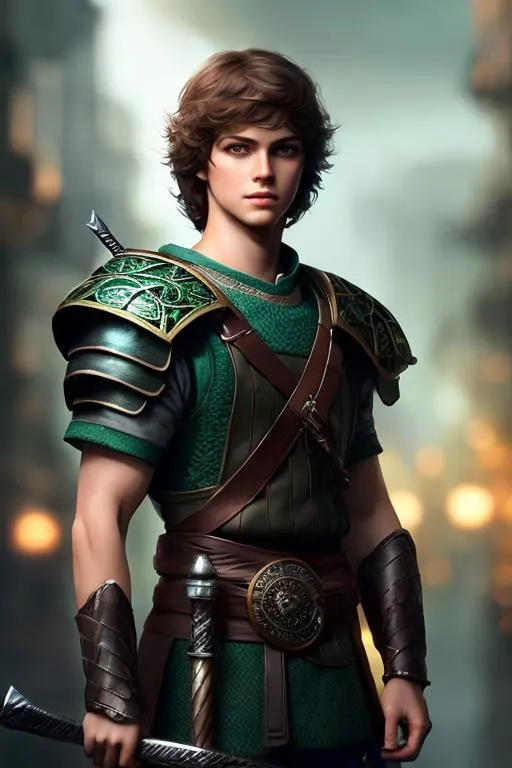 Prompt: he has short brown hair, slight smile, create most handsome fictional male prince viking warrior, short brown hair, light green eyes, extremely detailed environment, detailed background, intricate, detailed skin, professionally color graded, photorealism, 16k, moody lighting