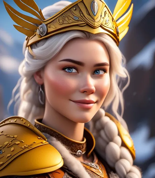 Prompt: <mymodel>CGI Animation, digital art, 20-year-old-old viking woman with light blue eyes, yellow clothes, gold colored armor, white hair, double braids down her shoulders with a tiara, subtle smile, unreal engine 8k octane, 3d lighting, close up camera shot on the face, full armor