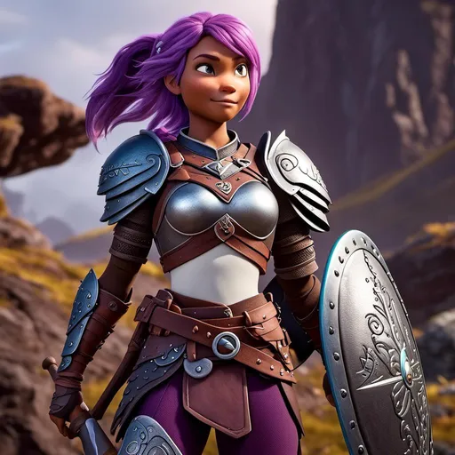 Prompt: <mymodel>Animated CGI style of a fierce ((Caucasian white)) Viking female about 25 years old, ((purple hair with a single braid)), detailed facial features, leather armor, battle axe and shield, intense and determined expression, dynamic and powerful pose, high definition, CGI, detailed armor, fierce female, Nordic designs, battle-ready, dynamic pose, professional lighting