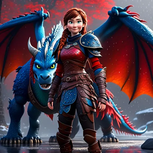 Prompt: <mymodel>CGi Animation, 20-year-old viking woman with blue eyes, a rainy scene, she is standing next to a bright red dragon with blue highlights, they are both in the rain, the viking woman has a subtle smile, brown hair with two pigtail braids, she has red gear, blue armor, black pants, black boots