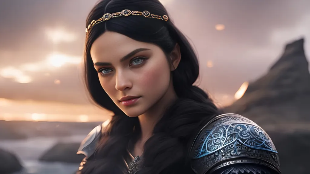 Prompt: she has black hair, create most beautiful fictional female viking princess warrior, black hair, light blue eyes, extremely detailed environment, detailed background, intricate, detailed skin, professionally color graded, photorealism, 8k, moody lighting