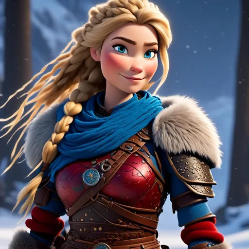 Prompt: <mymodel>CGi Animation, 25-year-old viking woman warrior with blue eyes, a snowy scene, the viking woman has a subtle smile, blonde dreadlocks and braids in her hair, she has red gear, gold armor with bursts of blue textured splotches, black pants, black boots