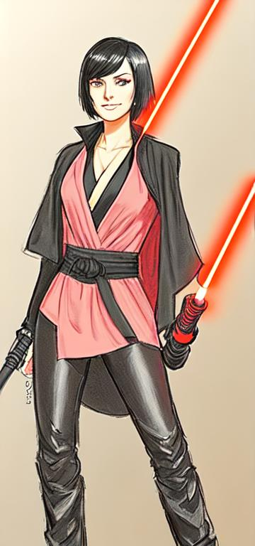 Prompt: Digital Art, A young woman Sith lord, with black short-length hair, black pants, a subtle smile, a black short sleeve shirt, a black vest past the waist, a black belt, sleek black boots, two lightsabers one red, and one light pink