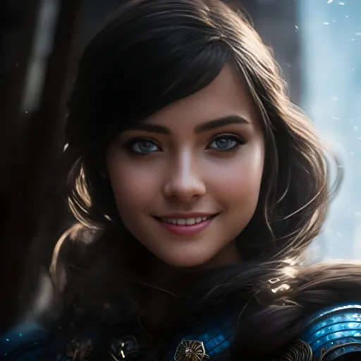 Prompt: she has black hair, create most beautiful fictional female princess viking warrior, hopeful smile, black hair, light blue eyes, extremely detailed environment, detailed background, intricate, detailed skin, professionally color graded, photorealism, 8k, moody lighting