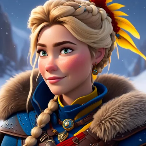 Prompt: <mymodel>CGI Animation, close-up portrait of the face, 20-year-old-old pirate woman sitting on a snow bank, a snowy scene, {{yellow gear, blue armor}}, blonde hair, an updo style of hair with a faded buzz cut on the side of the head, subtle smile, beads hair, small red earrings, multiple braids, yellow gear, straight hair, green eyes, bracelets, rings on fingers, mercenary gear, unreal engine 8k octane, 3d lighting, close up camera shot on the face, full armor