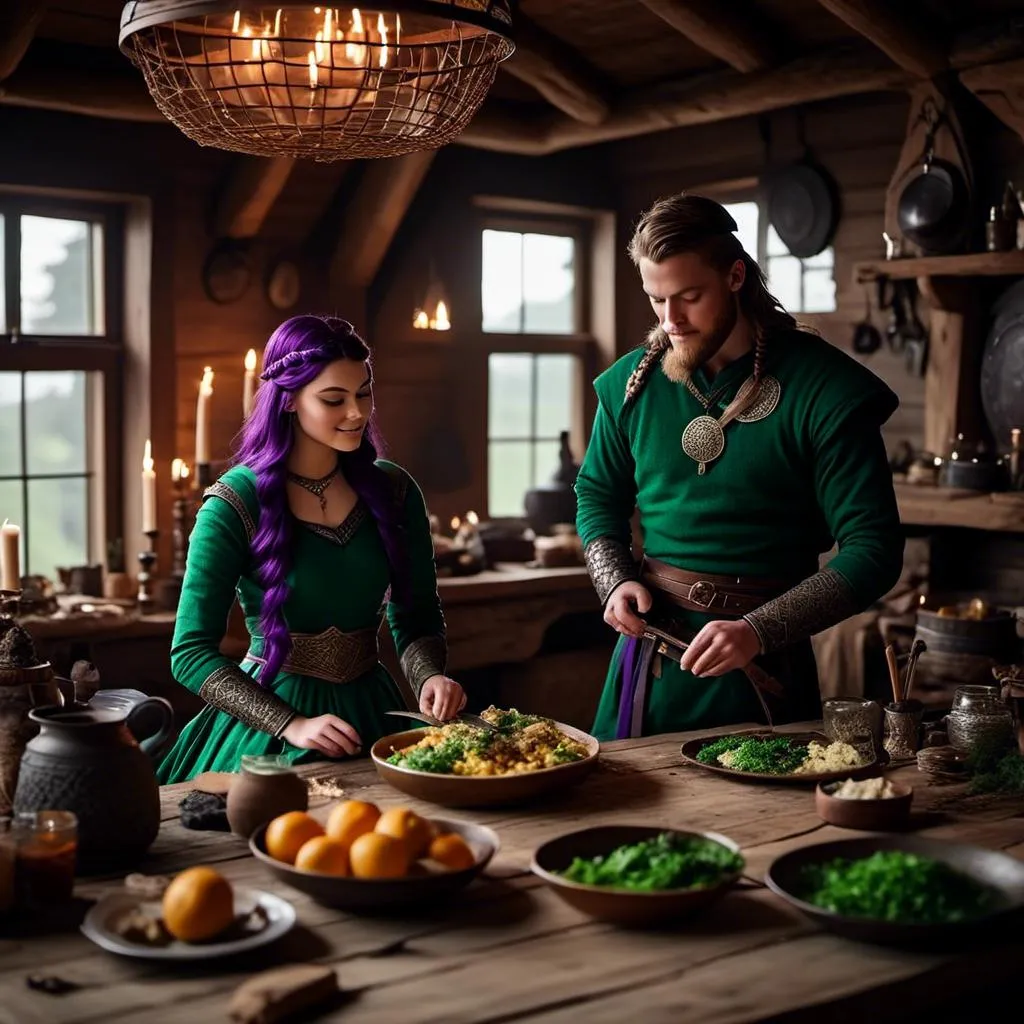 Prompt: Photo of a young <mymodel> setting the supper table with her husband a young Jarl Mollerson with green clothes in their viking house