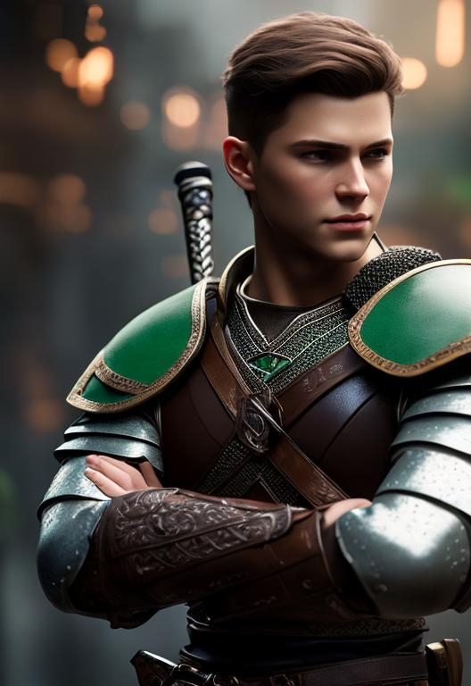 Prompt: he has short brown hair, create most handsome fictional male prince viking warrior, short brown hair, light green eyes, extremely detailed environment, detailed background, intricate, detailed skin, professionally color graded, photorealism, 8k, moody lighting