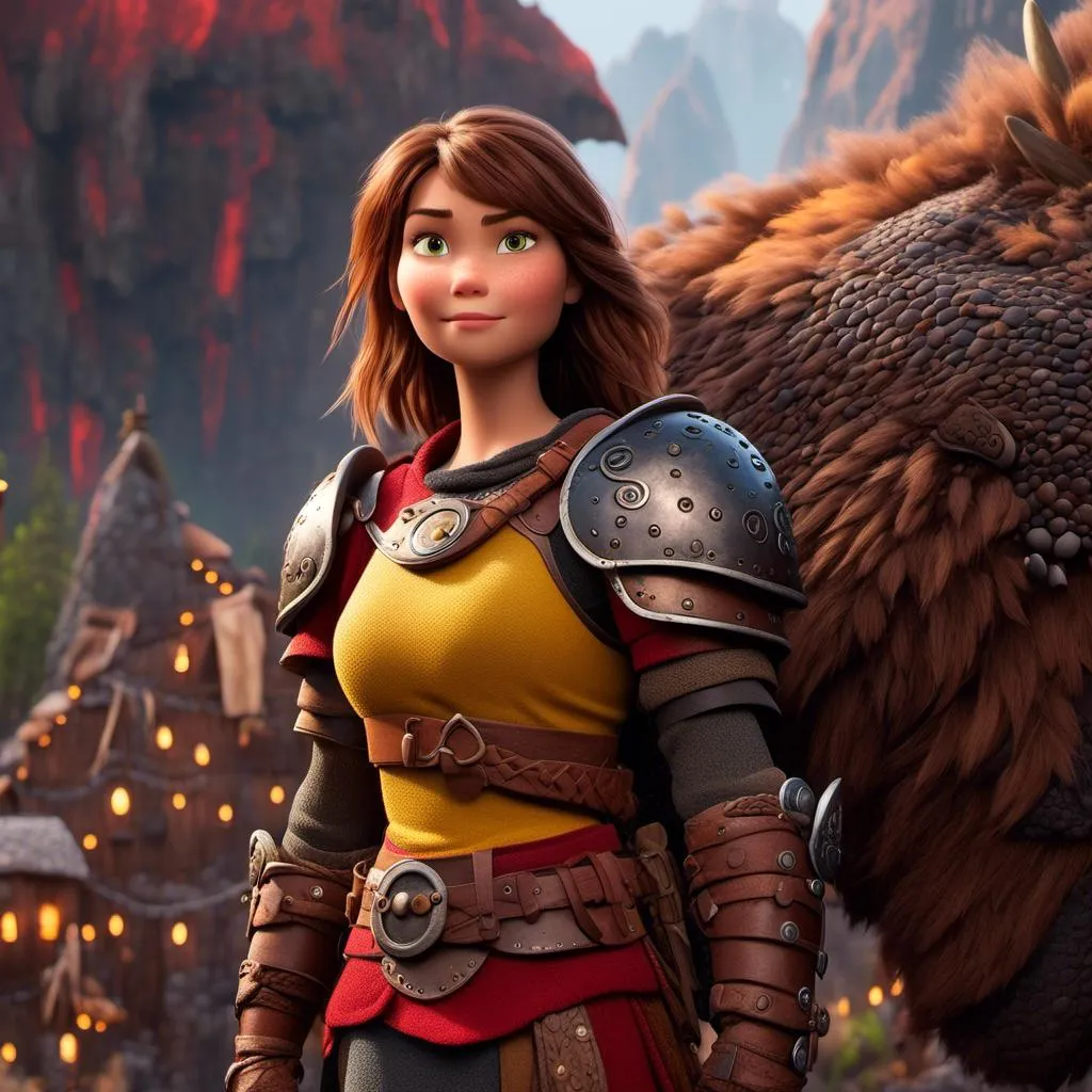 Prompt: <mymodel>CGI Animation of a viking female, brown hair, hazel eyes, bright red gear and armor, yellow highlights and textures, standing in a viking village, intricate details, high quality, digital painting, cool tones, dramatic lighting