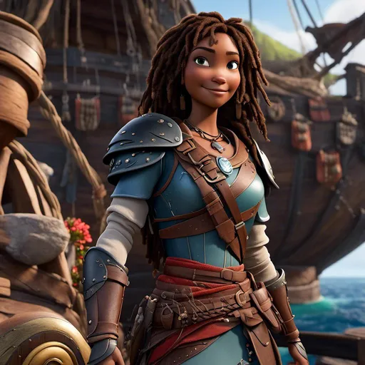 Prompt: <mymodel>CGI Animation, 20-year-old-old pirate woman, head is in rhe shape of an oval, {{brown gear, silver armor}}, brunette hair, dreadlocks, subtle smile, beads hair, small red earrings, multiple braids, straight hair, blue eyes, bracelets, rings on fingers, mercenary gear, unreal engine 8k octane, 3d lighting, full body, full armor