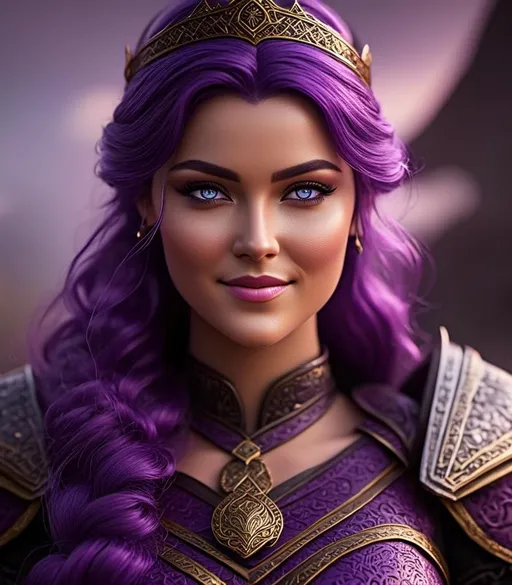 Prompt: <mymodel>CGI Animation, digital art, 20-year-old-old viking woman with light blue eyes, she is overjoyed, purple hair with purple strands, single braid down her shoulder with a tiara, unreal engine 8k octane, 3d lighting, close up camera shot on the face, full armor