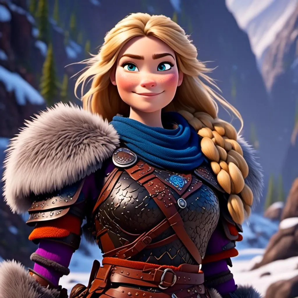 Prompt: <mymodel>CGi Animation, 25-year-old viking woman warrior with blue eyes, a snowy scene, the viking woman has a subtle smile, blonde hair, she has red gear, orange armor with bursts of purple textured splotches, black pants, black boots