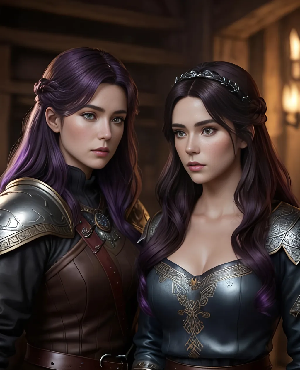 Prompt: create 2 of the most beautiful fictional female viking princesses one with dark purple hair and the other with black hair, also create a distinguished viking male prince with brown hair, an extremely detailed environment, detailed background, intricate, detailed skin, professionally color graded, photorealism, 8k, moody lighting