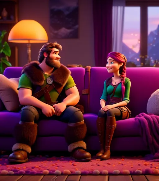 Prompt: <mymodel>CGI Animation, digital art, 20-year-old-old viking woman with light blue eyes, sitting on the couch in the living room next to her husband with brown hair and green gear, purple hair with purple strands, single braid down her shoulder with a tiara, subtle smile, unreal engine 8k octane, 3d lighting, close up camera shot on the face, full armor