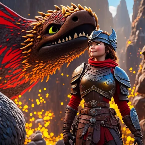 Prompt: <mymodel>CGI Animation of a viking female, brown hair in her face, hazel eyes, bright red gear and light armor, yellow highlights and textures, full light body armor, she has heavy gauntlets on her hands with armored gloves, standing in a viking village, intricate details, high quality, digital painting, cool tones, dramatic lighting