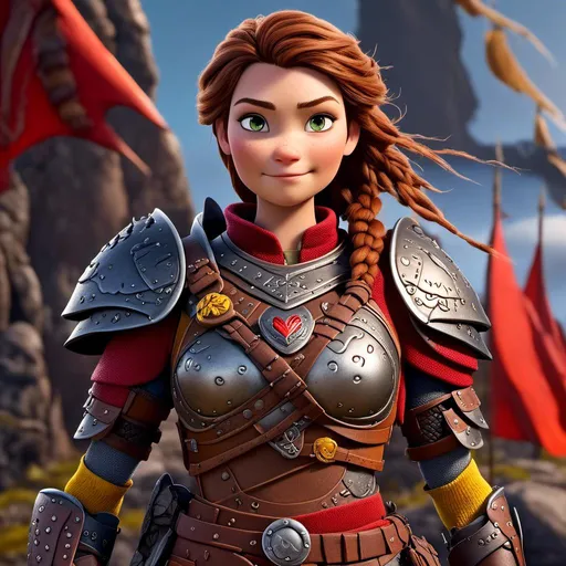 Prompt: <mymodel>CGI Animation of a viking female, brown hair with some braids, hazel eyes, bright red gear and armor, yellow highlights and textures, dragon scale textures and armor, intricate details, high quality, digital painting, cool tones, dramatic lighting