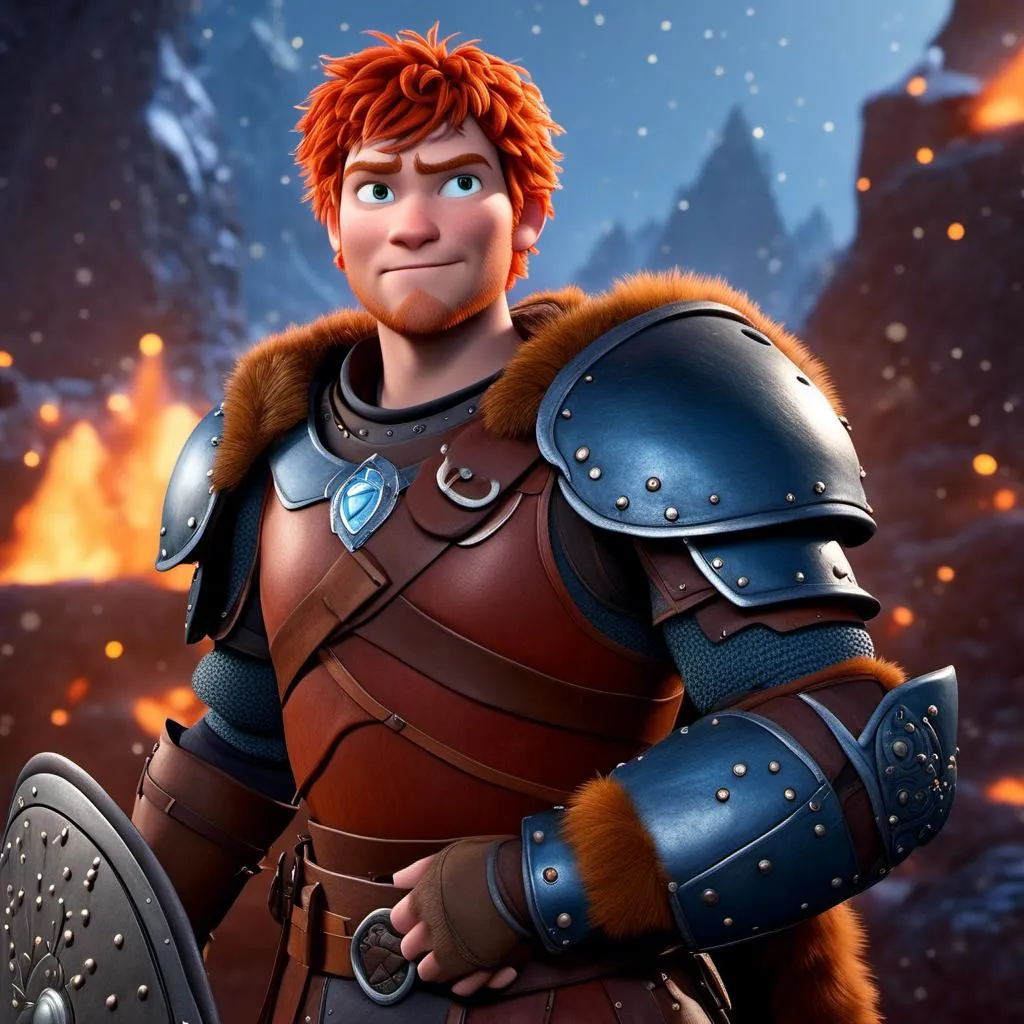 Prompt: <mymodel>Animated CGI style of a kind Viking male scholar with red hair, thoughtful gaze, realistic blue armor with bursts of orange textures, high quality, fur textures, highres, professional, intense lighting