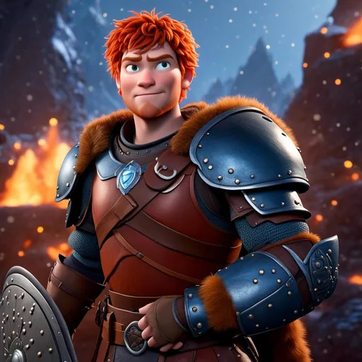 Prompt: <mymodel>Animated CGI style of a kind Viking male scholar with red hair, thoughtful gaze, realistic blue armor with bursts of orange textures, high quality, fur textures, highres, professional, intense lighting