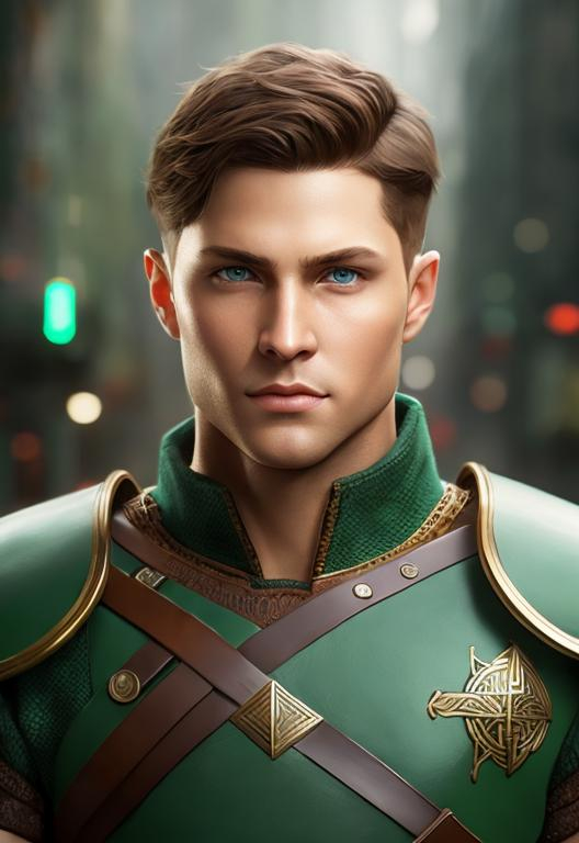 Prompt: he has short brown hair, create most handsome fit fictional male prince viking warrior, short brown hair, light green eyes, extremely detailed environment, detailed background, intricate, detailed skin, professionally color graded, photorealism, 16k, moody lighting