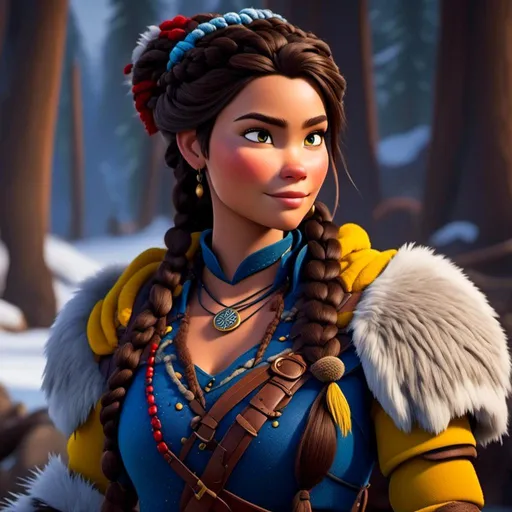 Prompt: <mymodel>CGI Animation, close-up portrait of the face, 20-year-old-old pirate viking woman sitting on a snow bank, a snowy scene, {{yellow gear, blue armor}}, black hair, an updo style of hair pulled back into a braid, subtle smile, beads hair, small red earrings, multiple braids, yellow gear, straight hair, green eyes, bracelets, rings on fingers, mercenary gear, unreal engine 8k octane, 3d lighting, close up camera shot on the face, full armor