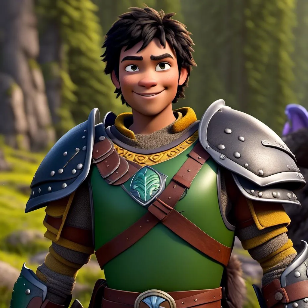 Prompt: <mymodel>Animated CGI style of a fierce ((Caucasian Viking male)) with black hair of the style of side swept undercut, joyous gaze, yellow gear and green armor, realistic clothing textures, high quality, CGI, realistic, viking, male, Caucasian, detailed facial features, highres, professional, intense lighting