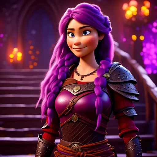 Prompt: <mymodel>CGI Animation, digital art, 20-year-old-old viking woman with light blue eyes, standing on the stairs in her house, purple hair with purple strands, single braid down her shoulder with a tiara, subtle smile, unreal engine 8k octane, 3d lighting, close up camera shot on the face, full armor