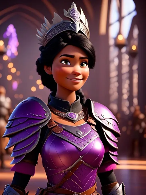 Prompt: <mymodel>CGI Animation, digital art, 20-year-old-old viking woman of royalty standing in The Great Hall on the Isle of Berk, {{purple gear, pink armor}}, black hair, straight hair with a tiara, subtle smile, unreal engine 8k octane, 3d lighting, close up camera shot on the face, full armor