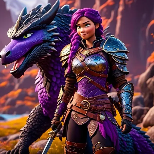 Prompt: <mymodel>Female viking warrior, thin and light muscle build, purple hair with a single braid down her shoulder, there is a medium-sized black dragon next to her, the female viking is petting her black dragon, light blue eyes, gold armor, purple gear, black pants, purple boots, historical, strong and natural lighting