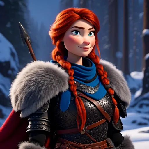 Prompt: <mymodel>CGi Animation, 25-year-old viking woman warrior with blue eyes, a snowy scene, the viking woman has a subtle smile, red hair, she has black gear, black armor, black textures, black pants, black boots