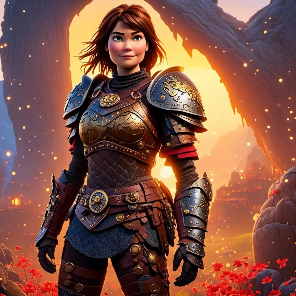 Prompt: <mymodel>CGI Animation of a viking female, brown hair in her face, hazel eyes, bright red gear and armor, yellow highlights and textures, full body armor, she has heavy gauntlets on her hands with armored gloves, standing in a viking village, intricate details, high quality, digital painting, cool tones, dramatic lighting