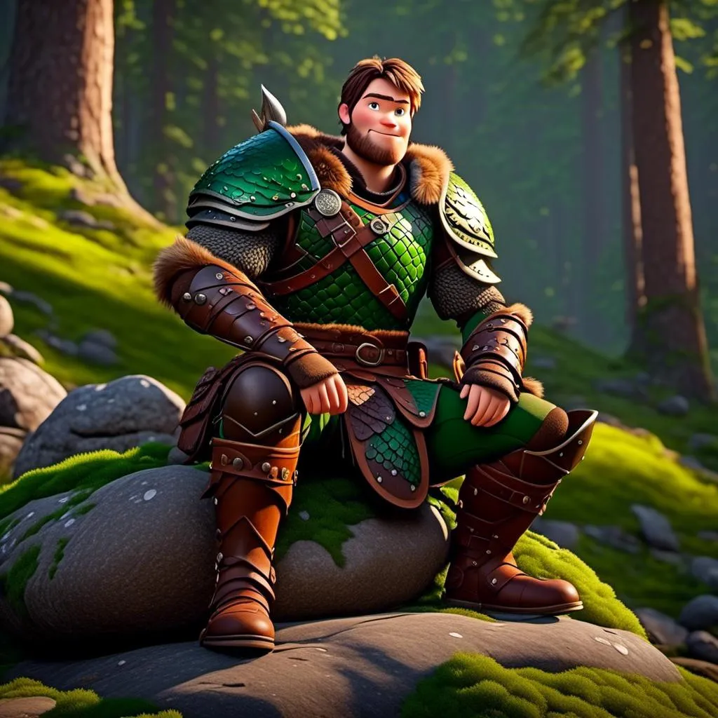 Prompt: <mymodel>Male viking warrior, thin and light muscle build, sitting on a boulder in the forest, there is a large green dragon with a flat body build standing next to the viking, viking has short brown hair, green eyes, green armor, brown gear, brown pants, brown boots, historical, strong and natural lighting, 8K octane, unreal engine