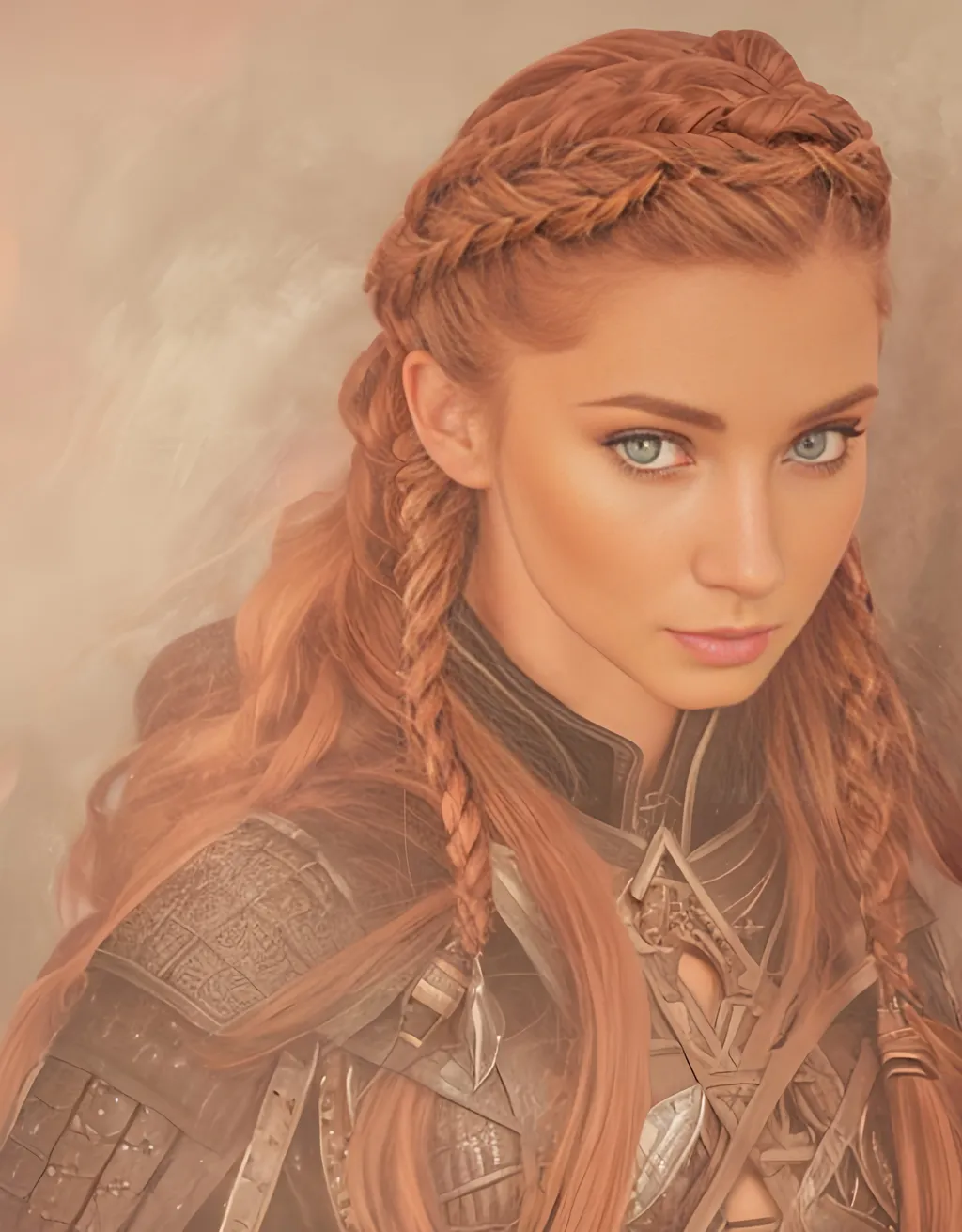 Prompt: she has braided cornrow hair, create most beautiful fictional female viking warrior, red hair, black rogue gear, extremely detailed environment, detailed background, intricate, detailed skin, professionally color graded, photorealism, 16k, moody lighting