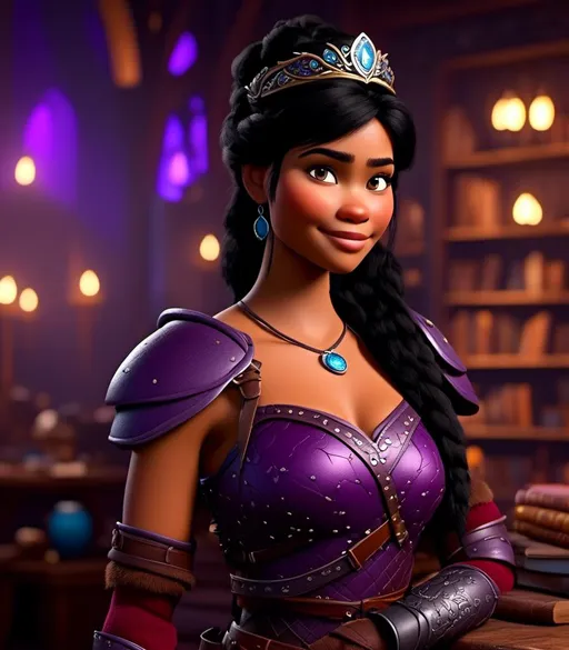 Prompt: <mymodel>CGI Animation, digital art, 20-year-old-old viking woman with light blue eyes, she is standing in her library, she is of royalty, {{black gear, purple armor}}, black hair with purple strands, single braid down her shoulder with a tiara, subtle smile, unreal engine 8k octane, 3d lighting, close up camera shot on the face, full armor