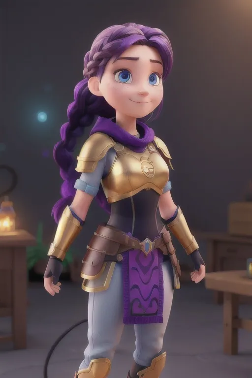 Prompt: Digital art, bright colors, subtle smile, 23-year-old woman viking, dark purple hair, one braid, light blue eyes, cut over left eye to on cheekbone, black gear, gold armor, unreal engine 8k octane, 3d lighting, full body, full armor