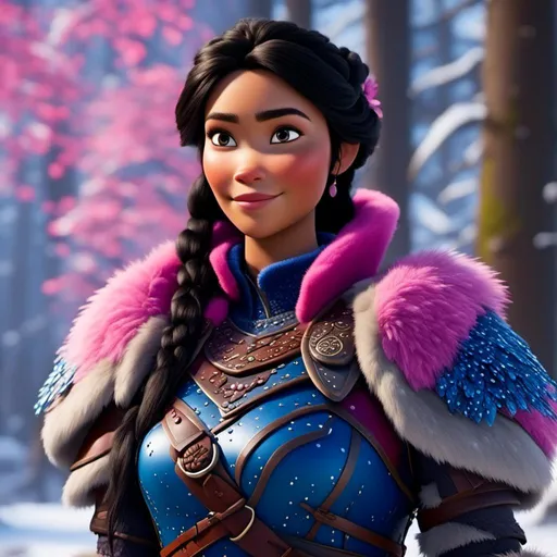 Prompt: <mymodel>CGI Animation, close-up portrait of the face, 20-year-old-old viking woman of royalty standing in the forest, a snowy scene, {{pink gear, blue armor}}, black hair, beads in hair pulled back for straight hair, subtle smile, unreal engine 8k octane, 3d lighting, close up camera shot on the face, full armor