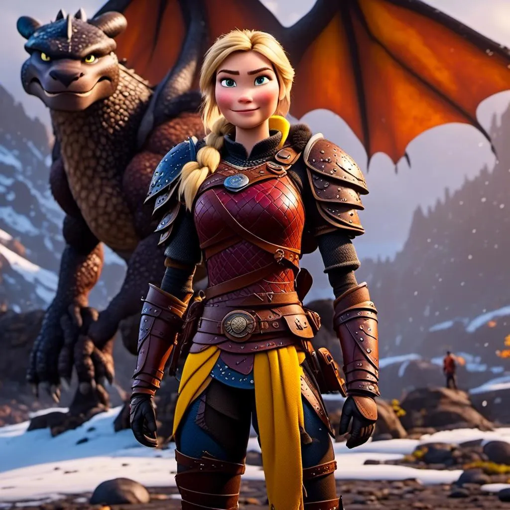 Prompt: <mymodel>CGi Animation, 20-year-old viking woman with blue eyes, a rainy scene, the viking woman has a subtle smile, blonde hair, she has blue gear, yellow armor, black pants, black boots, she is standing next to a bright blue dragon with purple highlights, unreal engine 8k octane, 3d lighting, full body, full armor