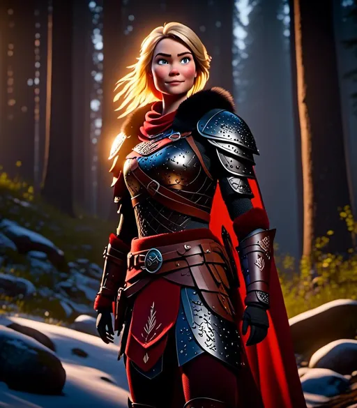 Prompt: <mymodel>CGI Animation, digital art, 20-year-old-old viking woman with light blue eyes standing in a dimly lit forest, blue assassin's creed clothes, red colored armor, blonde straight hair, subtle smile, unreal engine 8k octane, 3d lighting, cinematic lighting, camera shot of full armor from head to toe