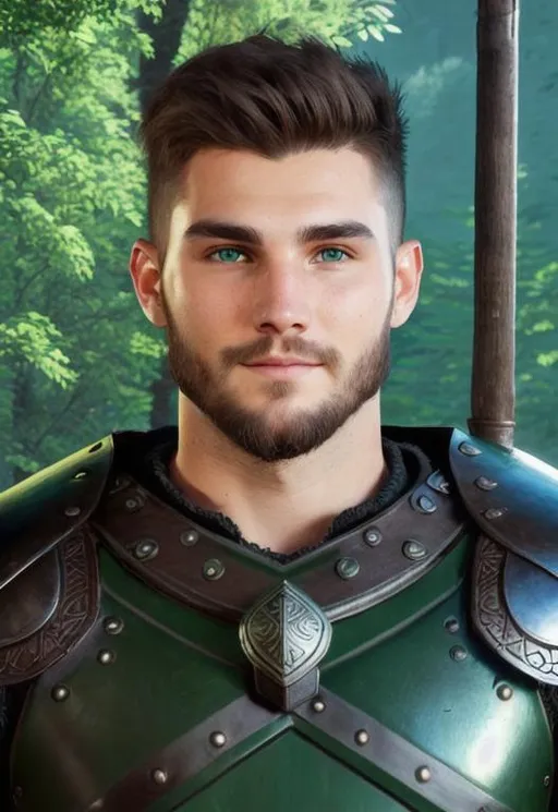 Prompt: Digital art, a 21-year-old viking man, subtle smile, round head, round face, short dark brown hair, brown hair, muscular, viking forest, green gear, silver armor, light green eyes, Tidal Class seal on chest armor, unreal engine 8k octane, 3d lighting.