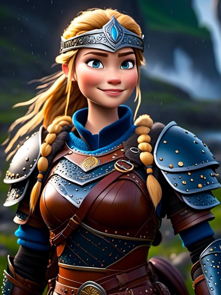 Prompt: <mymodel>CGi Animation, 20-year-old viking woman with blue eyes, ((she is wearing a royal helmet)), a rainy scene, the viking woman has a subtle smile with it pouring down rain, blonde hair in a ponytail style, she has blue gear, gold armor, black pants, black boots