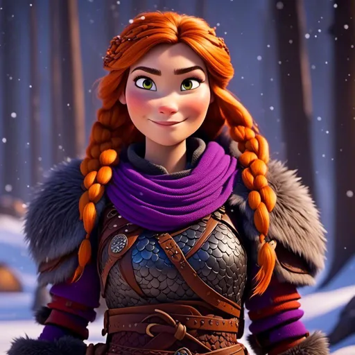 Prompt: <mymodel>CGi Animation, 25-year-old viking woman warrior with yellow eyes, a snowy scene, the viking woman has a subtle smile, hazel color hair, she has red gear, orange armor with bursts of purple textured splotches, black pants, black boots