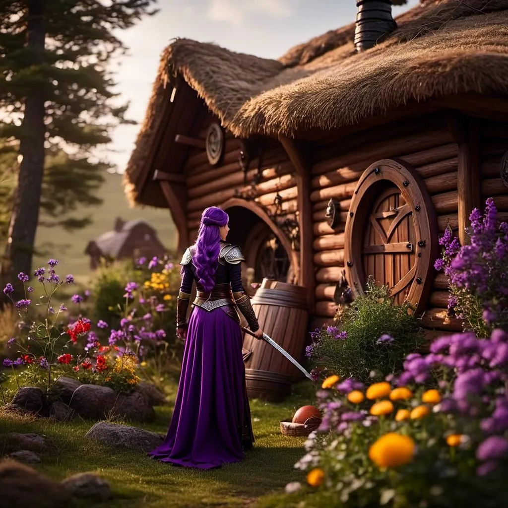 Prompt: Photo of <mymodel> tending to her garden beside her viking house