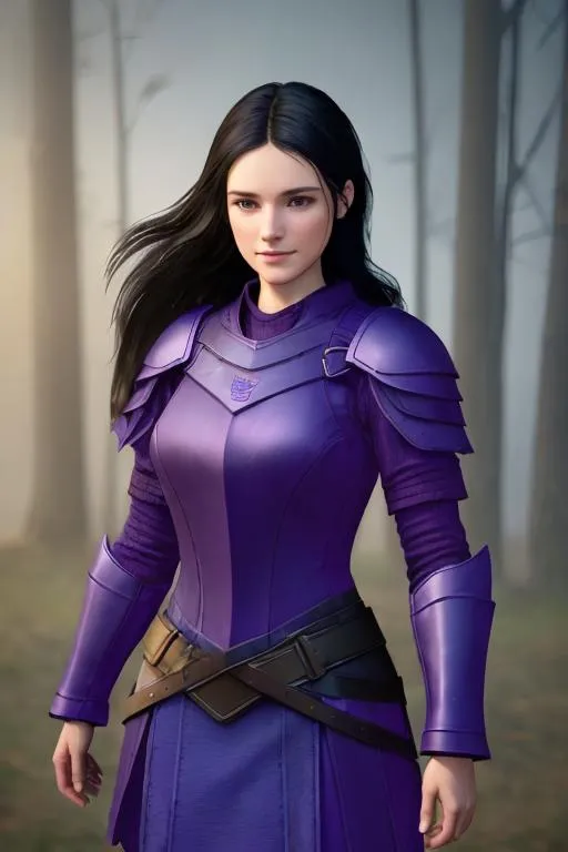 Prompt: Digital Art, 25-year-old viking woman, purple gear, purple clothes, subtle smile, black straight hair, dark purple eyes, a dark purple long-sleeve shirt, textured skirt down to knees, dark purple pants, dark purple armor, long black hair with volume, middle part in hair, leather boots, dark purple gear, unreal engine 64k octane, hdr, 3d lighting, full body, full armor